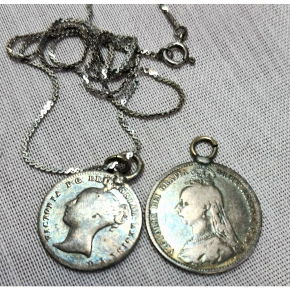 1890 & 1838 Coins 6 Pence 4 Pence Great Britain Queen Victoria Silver Pendant